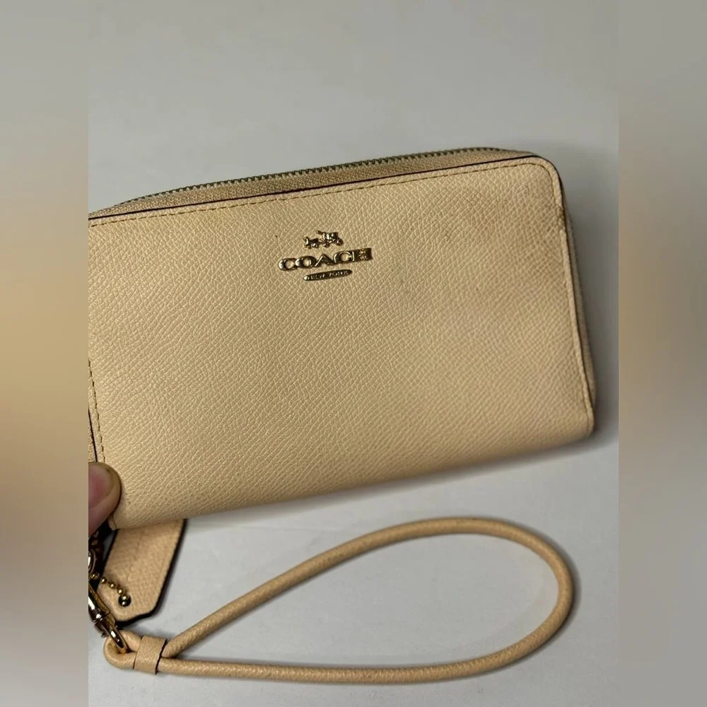 Coach Beige Leather Zip Around Wristlet Wallet